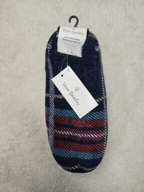 • Vera Bradley Cozy Life Slippers Plaid Navy Blue Red Size Large 9-10 Fleece NWT